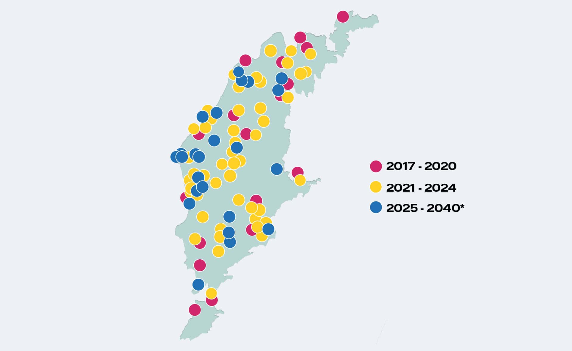 Karta över de projekt Geab genomfört eller ska genomföra. Visar en stor ökning mellan 2017-2020 och 2021-2024.