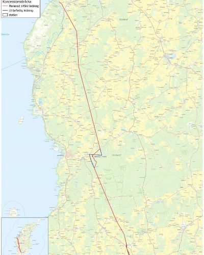 Karta på planerad sträcka mellan Ygne och Hemse.