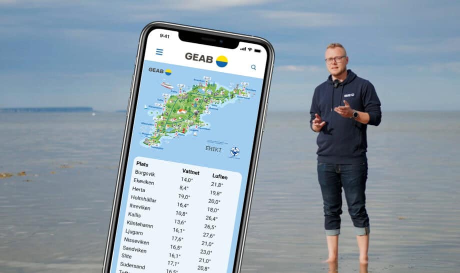 Mobil som visar Geabkollen med havet och Erik som bakgrund