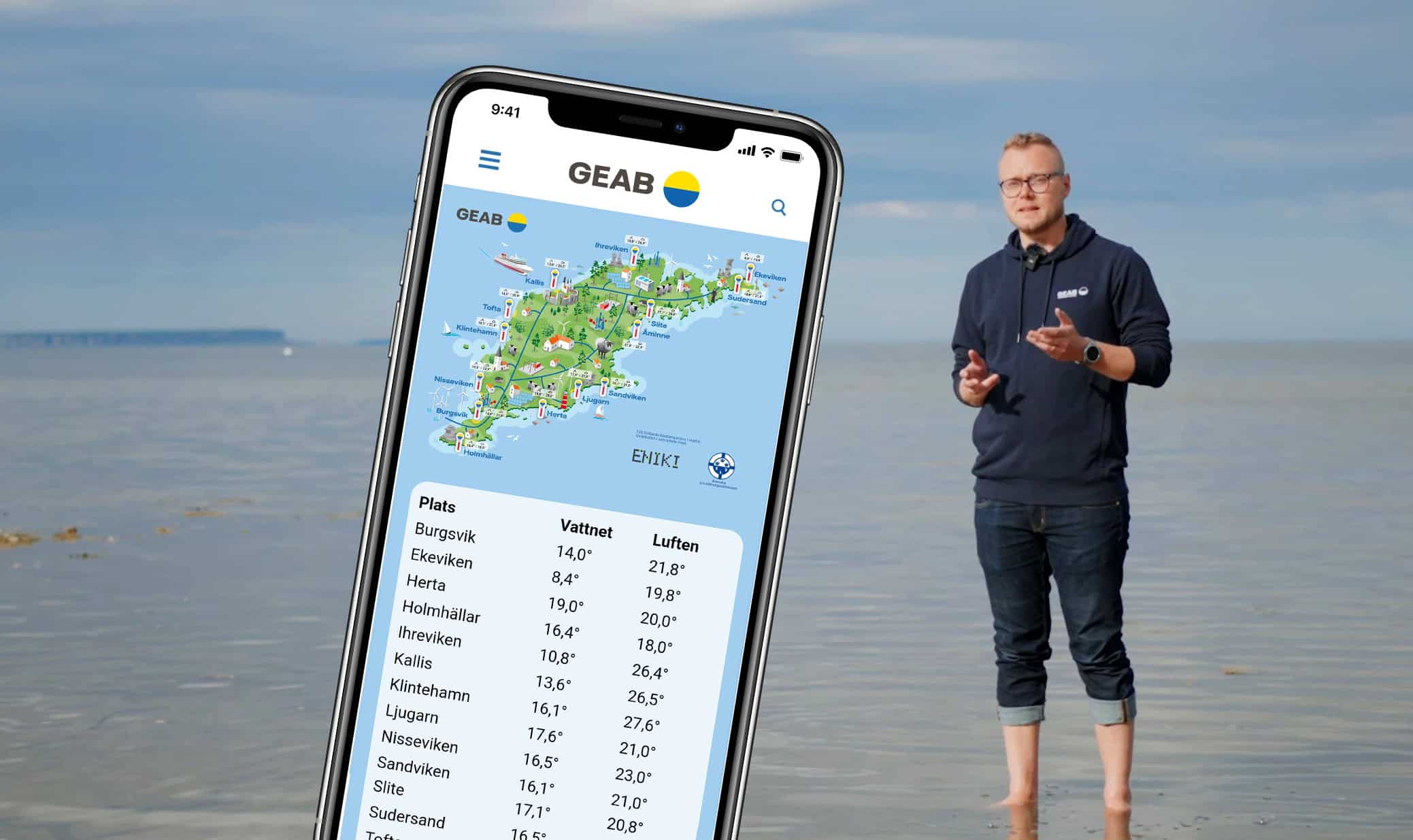 Mobil som visar Geabkollen med havet och Erik som bakgrund