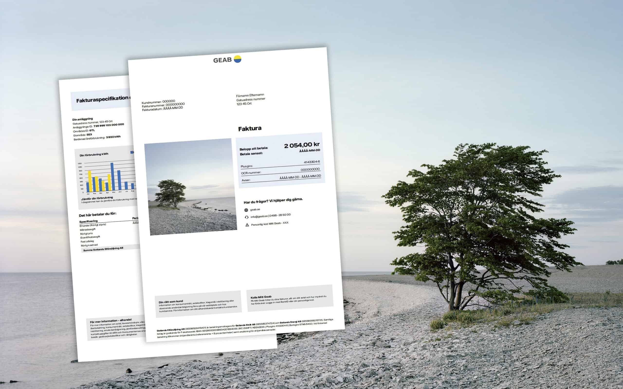 Fakturaspecifikation från Geab med kostnadsanalys och energidata, på en strandbakgrund.